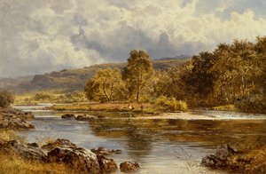 An Island on the Llugwy lige under Capel Curig, North Wales (olie på lærred) af Benjamin Williams Leader