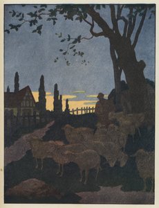 Flok får under et træ i tusmørket af Benjamin Rabier