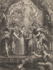 Plade 17: Udvekslingen af de to prinsesser i Hendaye, allegorisk scene med Anne af..., 1707-10 af Benoit Audran I