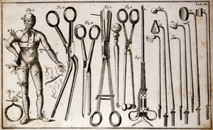 Forskellige typer tang og kirurgiske instrumenter. En mand iført forskellige slags turneringer og bandager. Operationsplade illustreret af Benoist Louis Prevost (1735-1809). 1700-tallet