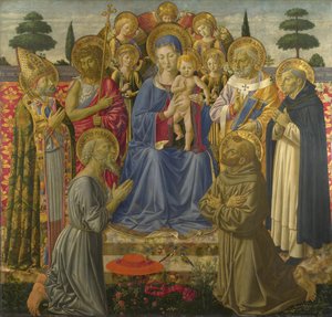 Jomfruen og barnet troner blandt engle og hellige, 1460
