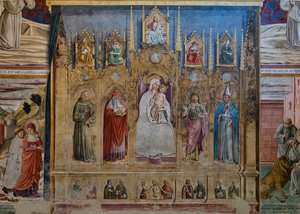 En falsk polyptikon med Jomfru Maria og Barnet, S. Anthony af Padua, St. Hieronymus, St. John og St. Louis af Toulouse, St. Jeromes kapel af Benozzo di Lese di Sandro Gozzoli