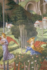 Engle samler blomster i et himmelsk landskab, detalje fra Magi-cyklussen i kapellet, ca. 1460 freskodetalje af 70615 af Benozzo di Lese di Sandro Gozzoli
