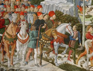 Galeazzo Maria Sforza, hertug af Milano (1444-76), yderst til venstre, på en brun hest og Sigismondo Pandolfo Malatesta, hersker over Rimini (1417-68) ved siden af ham på en grå hest, detalje fra Journey of the M af Benozzo di Lese di Sandro Gozzoli