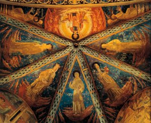 Italien, Montefalco, Apsis hvælving fra Saint Francis Church Malet med helgener af Benozzo di Lese di Sandro Gozzoli