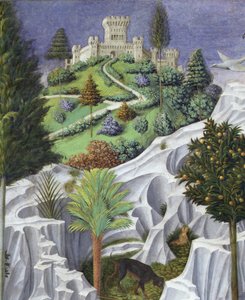 Landskab med et slot, detaljer fra magikongens procession til Betlehem af Benozzo di Lese di Sandro Gozzoli