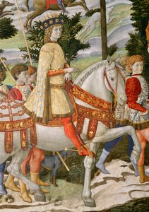 Lorenzo de Medici, den storslåede 1449-92, som en af de tre konger, detalje fra Magi-cyklussens rejse i kapellet, ca. 1460 freskodetalje af 70619