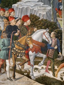 Portrætter af Piero deMedici på et muldyr, Cosimo de Medici-centret og hertugen Salviati til hest, detalje fra Magi-cyklussens rejse i kapellet, ca. 1460 freskodetalje af 70619 af Benozzo di Lese di Sandro Gozzoli