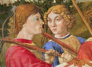 Procession af Magi, procession ledet af Lorenzo den Storslåede i skikkelse af Magus Caspar, detalje af hovederne på to armbrøstskytter, 1459-1462