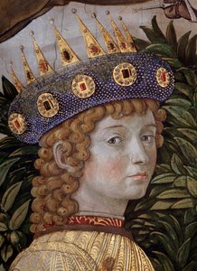 Magiernes rejse Cortege des rois mages de Jerusalem a Bethleem kalder på italiensk "Viaggio dei Magi" eller "" Cavalcata dei Magi" Detalje af den unge magiker i ansigtet på Laurent den Storslåede (Laurent de Medici) (Processionen af Magi, detalje af t af Benozzo di Lese di Sandro Gozzoli