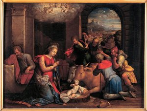 Hyrdernes tilbedelse - Maleri af Benvenuto Tisi da Garofalo (Il Garolafo) (1481-1559), olie på træ, 41,5x55 cm af Benvenuto Tisi da Garofalo
