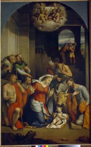 Tilbedelse af Kristusbarnet (tilbedelse af hyrderne). (Tilbedelsen af ​​Kristusbarnet). Maleri af Benvenuto Tisi Da Garofalo (1481-1559), olie på lærred af Benvenuto Tisi da Garofalo