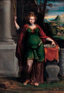 Saint Lucia (af Syracuse) (begyndelsen af ​​det 4. århundrede) holder en bakke med to øjne (Saint Lucy) - Maleri af Benvenuto Tisi da Garofalo (Il Garolafo) (1481-1559), olie på træ, 63x44 cm