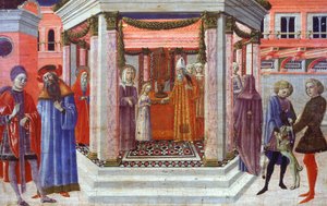 Marian esitys temppelissä, yksityiskohta Benvenuto di Giovannin (1436-1518) predellasta af Benvenuto di Giovanni
