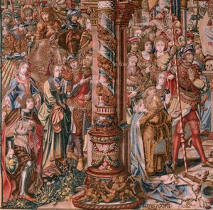 flamsk gobelin. Serien The Honours. Tro (La Fe). Første gobelin i serien. Modeltegnere fra Bernard van Orleys og Jan Gossaerts kreds (Mabuse). Fremstilling Pieter van Aelst, Bruxelles. Ca 1550. Stof Guld, sølv, silke og uld.
