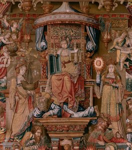 flamsk gobelin. Serien The Honours. Tro (La Fe). Første gobelin i serien. Modeltegnere fra Bernard van Orleys og Jan Gossaerts kreds (Mabuse). Fremstilling Pieter van Aelst, Bruxelles. Ca 1550. Stof Guld, sølv, silke og uld.