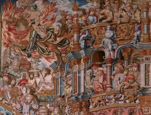 flamsk gobelin. Serien The Honours. Berømmelse (La Fama). Tredje gobelin i serien. Modeltegnere fra Bernard van Orleys og Jan Gossaerts kreds (Mabuse). Fremstilling Pieter van Aelst, Bruxelles. Ca 1550. Stof Guld, sølv, silke og uld.