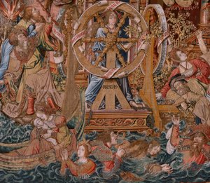 Flamsk tapestry. Serie hædersbevisningen. Fortune, The Way to the Honours (La Fortuna, Camino de los hæder). Femte tapestry i serien. Model tegneserieskabere fra cirklen af Bernard Van Orley og Jan Gossaert de Mabuse. Fremstilling af Pieter Van Aelst, Brus