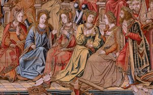 flamsk gobelin. Serien The Honours. Ære (El Honor). Andet gobelin i serien. Modeltegnere fra Bernard van Orleys og Jan Gossaerts kreds (Mabuse). Fremstilling Pieter van Aelst, Bruxelles. Ca 1550. Stof Guld, sølv, silke og uld.