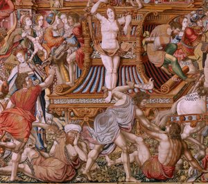 flamsk gobelin. Serien The Honours. Infamy (La Infamia). Sjette gobelin i serien. Modeltegnere fra Bernard van Orleys og Jan Gossaerts kreds (Mabuse). Fremstilling Pieter van Aelst, Bruxelles. Ca 1550. Stof Guld, sølv, silke og uld.