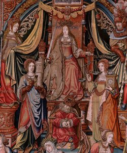 flamsk gobelin. Serien The Honours. Retfærdighed (La Justicia, Los Honores). Niende gobelin i serien. Modeltegnere fra Bernard van Orleys og Jan Gossaerts kreds (Mabuse). Fremstilling Pieter van Aelst, Bruxelles. Ca 1550. Stof Guld, sølv,