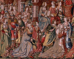 flamsk gobelin. Serien The Honours. Retfærdighed (La Justicia, Los Honores). Niende gobelin i serien. Modeltegnere fra Bernard van Orleys og Jan Gossaerts kreds (Mabuse). Fremstilling Pieter van Aelst, Bruxelles. Ca 1550. Stof Guld, sølv,