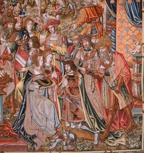 flamsk gobelin. Serie The Honours; Adel (La Nobleza). Fjerde gobelin i serien. Modeltegnere fra Bernard van Orleys og Jan Gossaerts kreds (Mabuse). Fremstilling Pieter van Aelst, Bruxelles. Ca 1550. Stof Guld, sølv, silke og woo