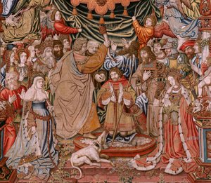 flamsk gobelin. Serie The Honours; Adel (La Nobleza). Fjerde gobelin i serien. Modeltegnere fra Bernard van Orleys og Jan Gossaerts kreds (Mabuse). Fremstilling Pieter van Aelst, Brussels.Ca 1550. Stof Guld, sølv, silke og uld