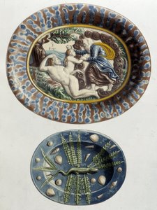 Gud skaber Eva af Adams lår; Lizard - Keramiske fade, i "The work of Bernard Palissy" af C. Delange og C. Borneman, Paris
