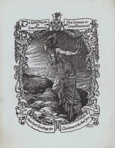 Britannia ser ud til havet, første verdenskrigs julehilsen fra Lord Mayor og Lady Mayoress of London, Sir Charles og Lady Wakefield