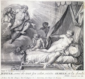 Jupiter (Zeus) brænder Semele med sit lyn. Indgravering af det 18. århundrede efter tegningen af B. Picart lavet i 1708. af Bernard (after) Picart