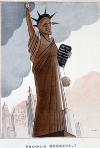Tegneserie af Franklin Roosevelt i Frihedsgudinden - Illustration af Bernard Becan (Bernhard Kahn) (1890-1943) I "" Fantasio""" fra 01/12/1932 af Bernard Becan