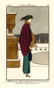 Kvinde i Violet Velvet Cape trimmet med rævspels, dragt af flaske-grøn woo, gaiterier. Violet fløjlsfrakke med naturlig ræv, glasplade skrædder. Håndfarvet stencil (stencil) ætsning efter en illustration af Bernard Boutet de Monvel Fr