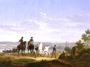 Landskab med figurer og heste