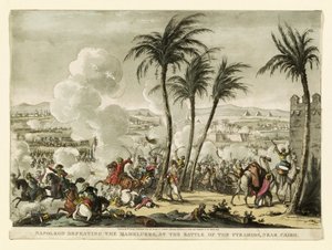 Napoleon besejrer mamelukkerne i slaget ved pyramiderne, nær Cairo, indgraveret af George Cruikshank (1769-1823), pub. 1823 (håndkoloreret gravering)