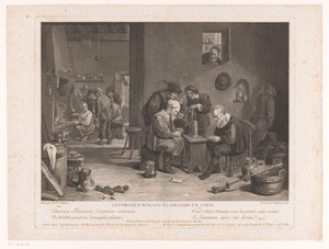 Krointeriør med kortspilsfigurer Les Francs Maçons Flamands en Loge (titel på objekt) af Bernard François Lépicié