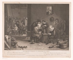 Krointeriør med kortspilsfigurer Les Francs Maçons Flamands en Loge (titel på objekt) af Bernard François Lépicié