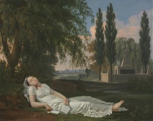 Kvinde sover i et landskab med et brev, ca. 1800 (olie på lærred)