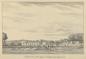 En sydlig udsigt over lejren på Hampton Court Green 1731, 1731-33 (pen & sort blæk og vask på lagt papir) af Bernard III Lens