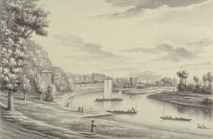 En vestlig udsigt over Hampton Court Ferry og Hampton Church at a Distance, 1731-33 (pen & sort blæk og vask på lagt papir) af Bernard III Lens