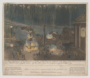 Fyrværkeri i Covent Garden, 1809 (ætsning og akvatint, håndfarvet) af Bernard II Lens