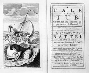 Frontispice og titelblad til A Tale of a Tub af Jonathan Swift, indgraveret af John Sturt, 1704 af Bernard II Lens