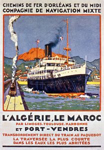 Reklameplakat for fransk jernbane til Algeriet og Marokko fra Frankrig via Limoges Toulouse Narbonne og Port Vendres ca. 1900 af Bernard Lachevre