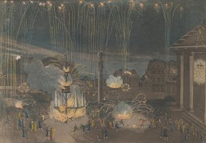 En perfekt beskrivelse af fyrværkeriet i Covent Garden, der blev opført på bekostning af..., 1809. af Bernard Lens