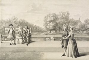 Figurer på bredden af Long Water, Hampton Court Palace (grå vask med pen og blæk over blyant på papir) af Bernard Lens