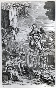 Ærkeenglen Uriel fortæller Gabriel, at Satan befinder sig i Edens Have, illustration fra "Paradise Lost" af John Milton, graveret af P.P Bouche, sjette udgave, 1695