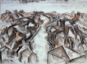 A Quiet Street (farvet kridtvask med blåt blæk) af Bernard Meninsky