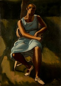 Siddende kvindefigur (olie på lærred)