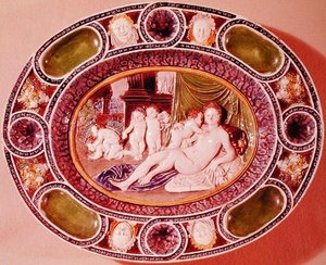 Oval plade, der forestiller en kvinde, der repræsenterer frugtbarhed (fajance) af Bernard Palissy