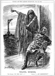 Punch tegneserie om Lusitanias forlis, 1915
